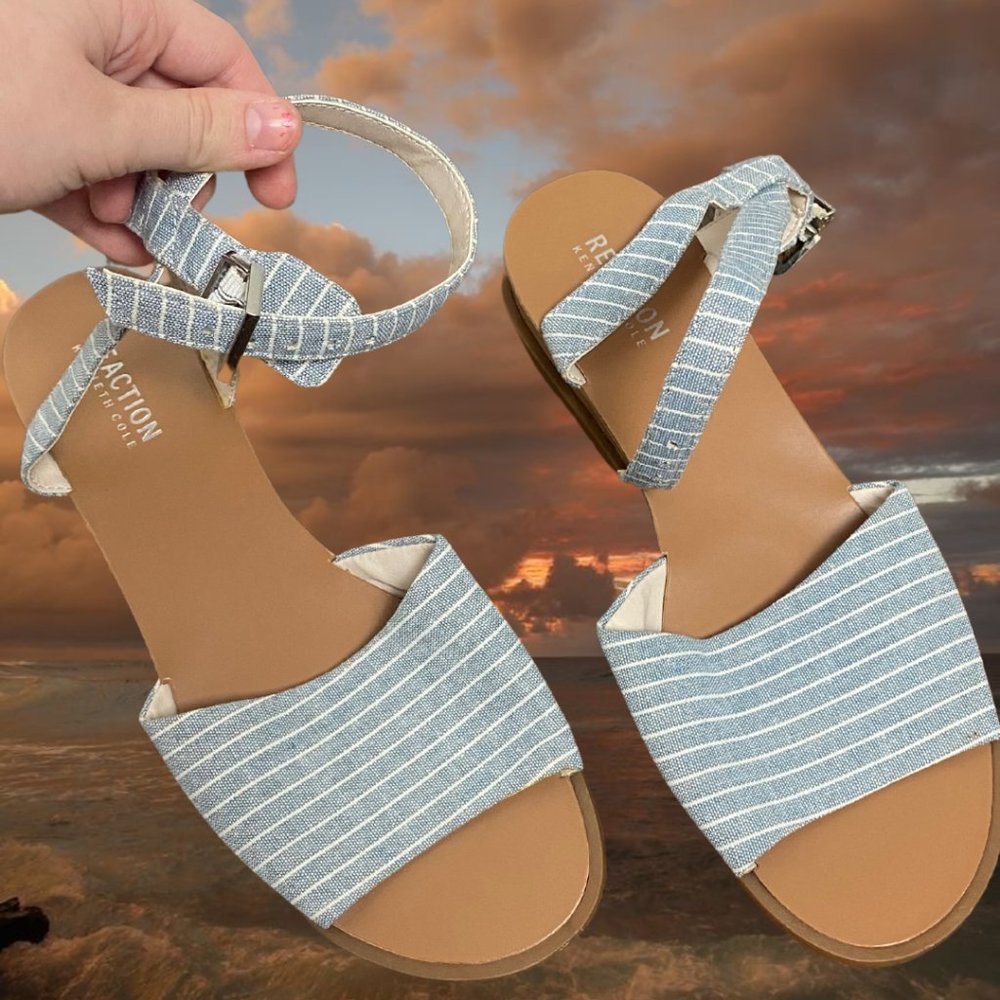 NWOT Reaction Blue and White Beachy Stripe Ankle Strap Sandals Size 8 Preppy